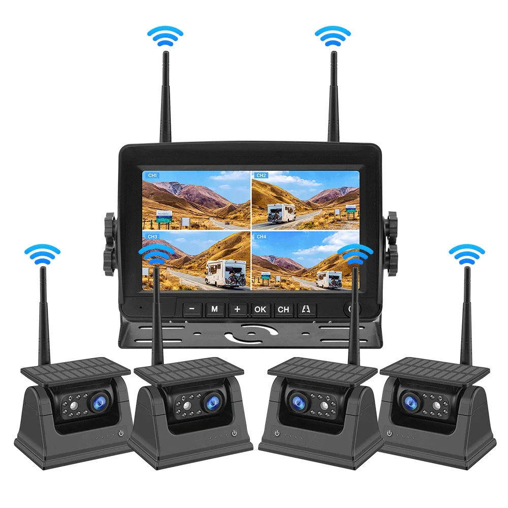 

Solar Wireless Magnetic Camera System - 7" IPS 4CH Monitor with BSD & IP69K for Heavy Duty Truck RV Fleet Safety