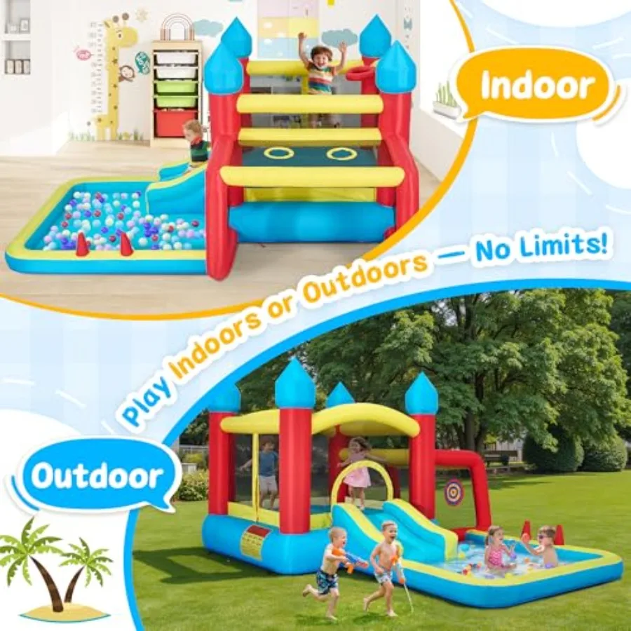 Casa gonfiabile di rimbalzo con scivolo d'acqua Parco acquatico da cortile con area di salto Canestro da basket Calcio e gioco di freccette Ventilatore da 480 W
