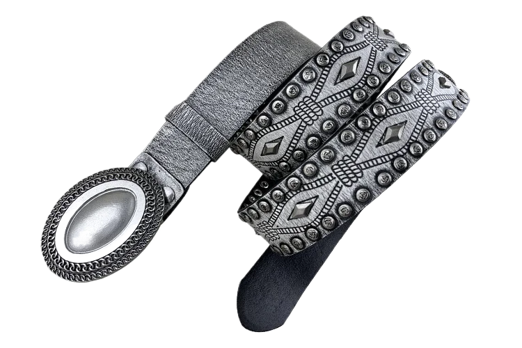 New Embossed Top Layer Cowhide Belt, Trendy Color Contrast Rivet Knight Style Genuine Leather Belt for Men & Women