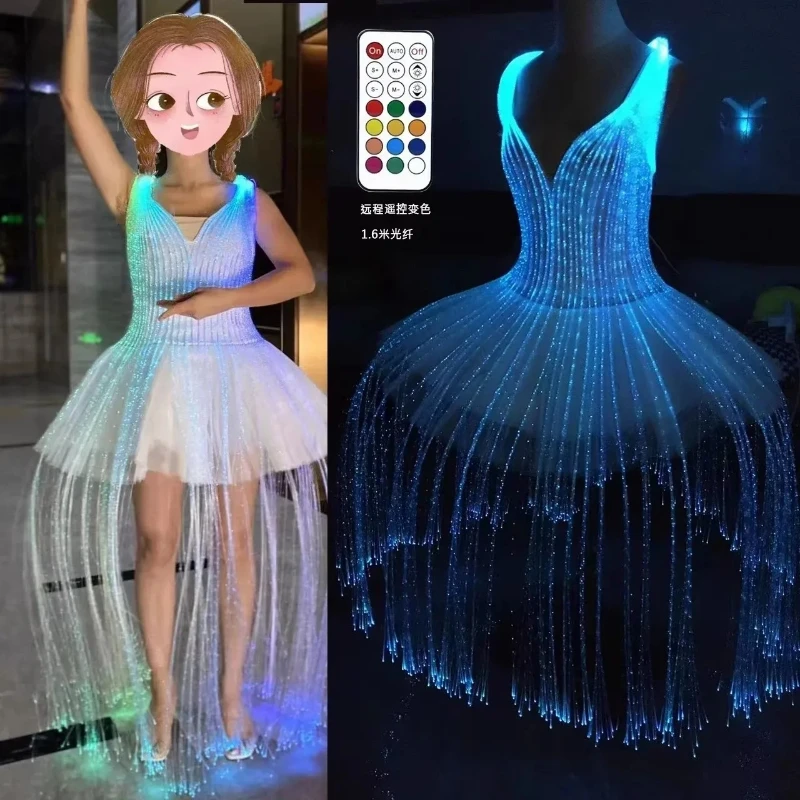 Ballet Fiber Optic Costume Skirt Luminous Dress Color Change Remote Control DIY Customized Stage Performance Long White Singer