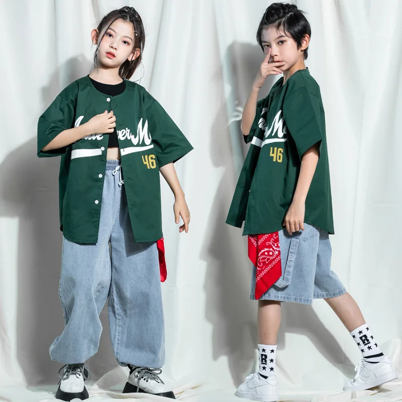 Fashion Kids Hip Hop Dancing Clothes Jazz Dancewear for Girls Boys Ballroom Costumes Street Dance Wear Shirt Denim Jeans Pants