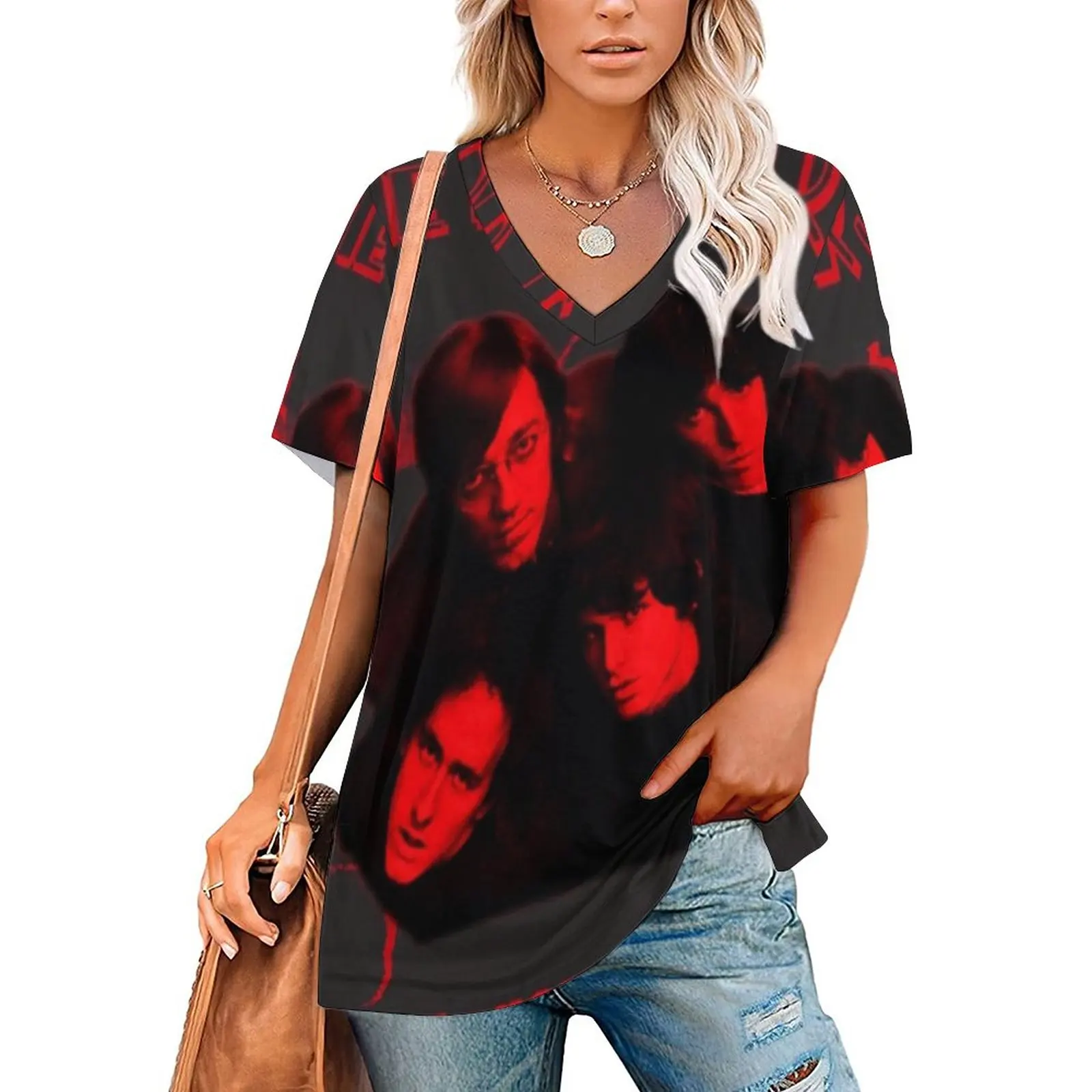 Rock-Red Ruffle Short Sleeve T Shirts Summer V Neck Tops Fashion Casual Tee Shirt 1991 In Through The Out Door Jim Morrison Val