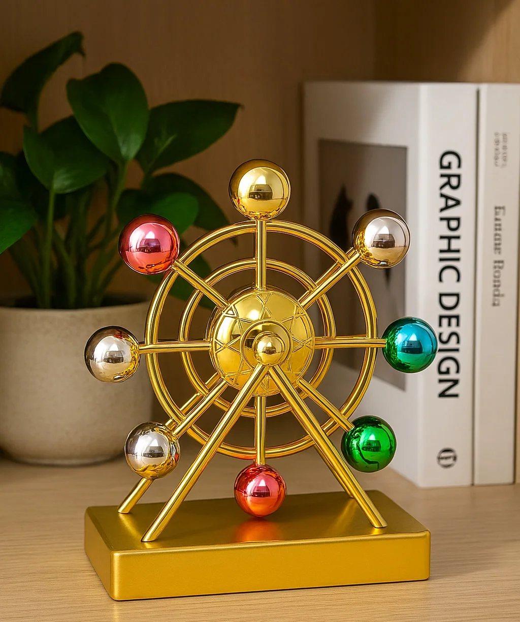Luxury Gold Metal Kinetic Ferris Wheel Ornament - Desk Stress Relief Rotating Figurine - Modern Home & Office Decor Gift - view 3