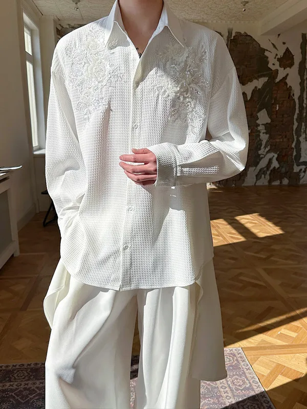 

Ele Embroidered Floral Long Sve Men's irt Luxury Sequin ape Spring ow Trendy Casual Faion Youth ular Sle