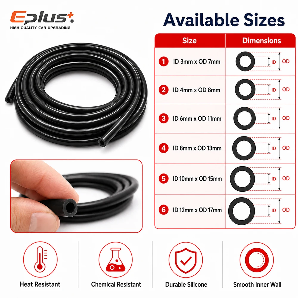 EPLUS Universal 1,5 Meter Rot Blau Schwarz Silikon-Vakuumschlauch ID 3mm-12mm Hitzebeständig Flammhemmend Auto Motorrad Schlauch – Detail 1