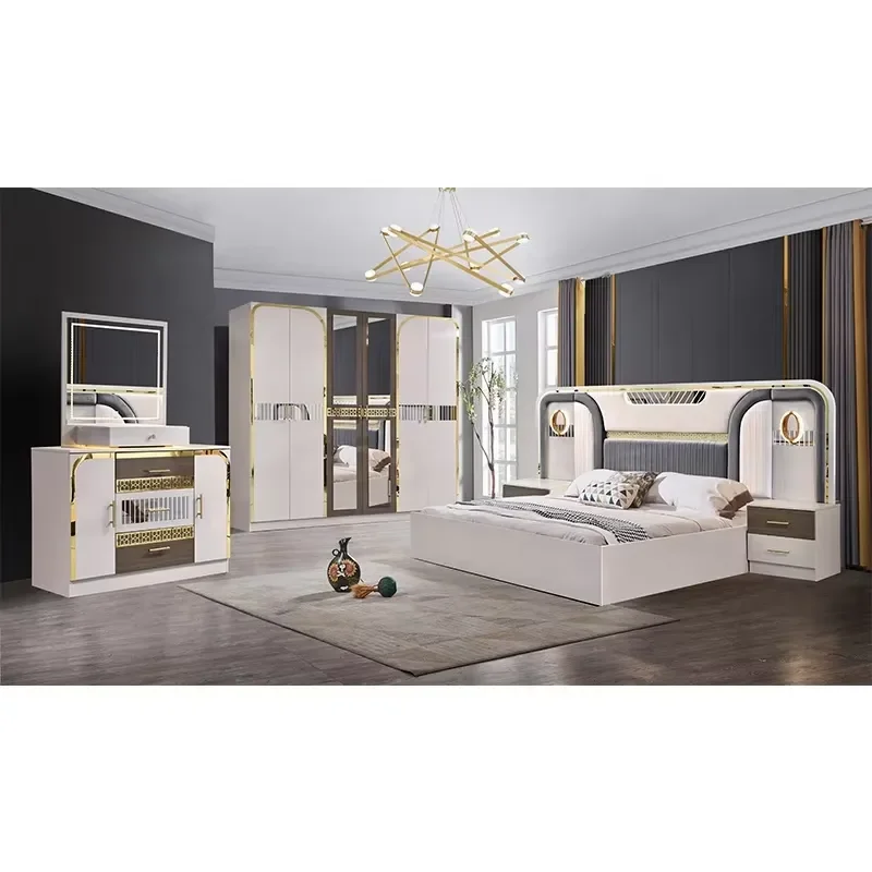 Modern Luxury Wooden Double Bed Frame Full King Size Bedroom Furniture Set for Master Bedroom Adult Home Apartment