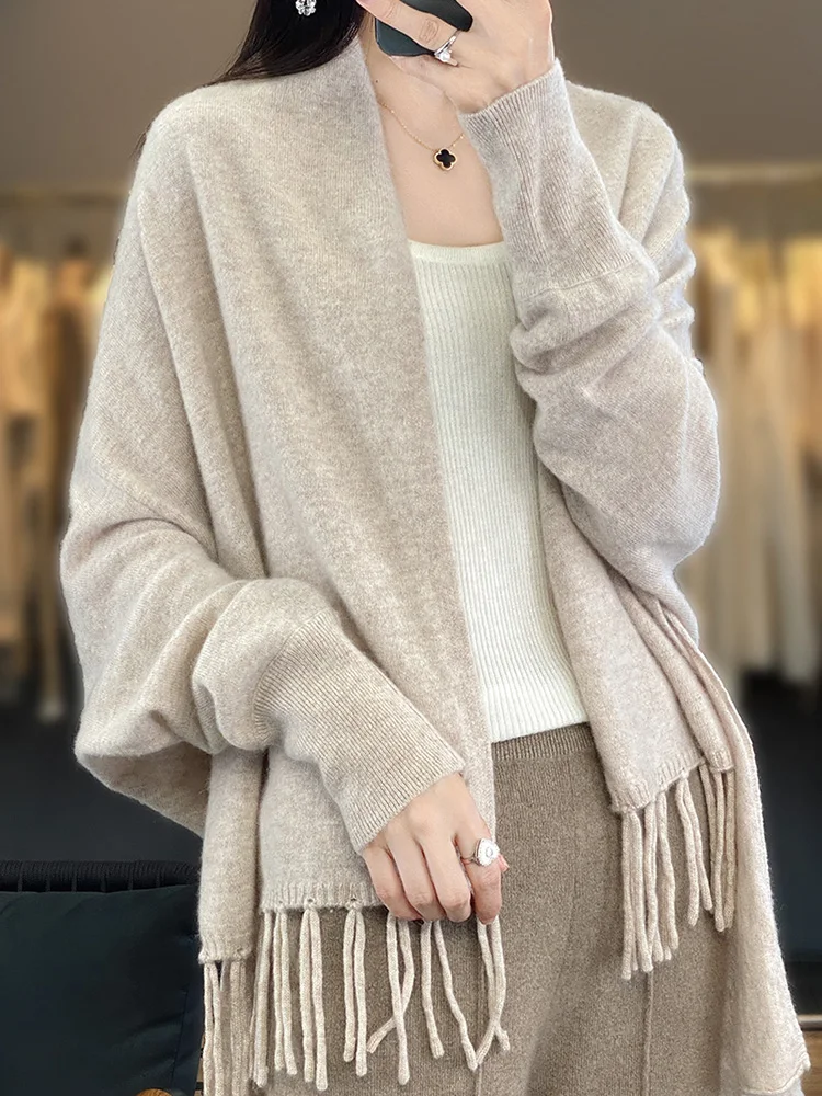 Luxury 100% Merino Wool Women\'s Tassel Poncho Shawl Thick Sweater Soft Warm Autumn Winter Jacquard Cashmere Knitwear Shawl