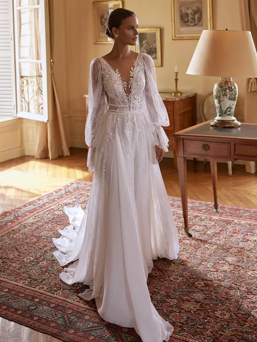 Customized Lace Appliques Wedding Dress Illusion Puff Sleeves Backless Bridal Gown A Line Chiffon Boho vestidos de novia