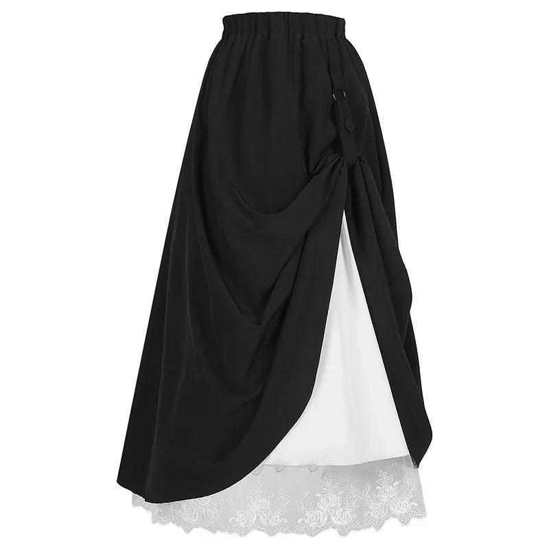 Women  Medieval Elastic Lace High Waist Boho Maxi Skirt Casual Drawstring A Line Vintage Skirt Renaissance Retro Skirt