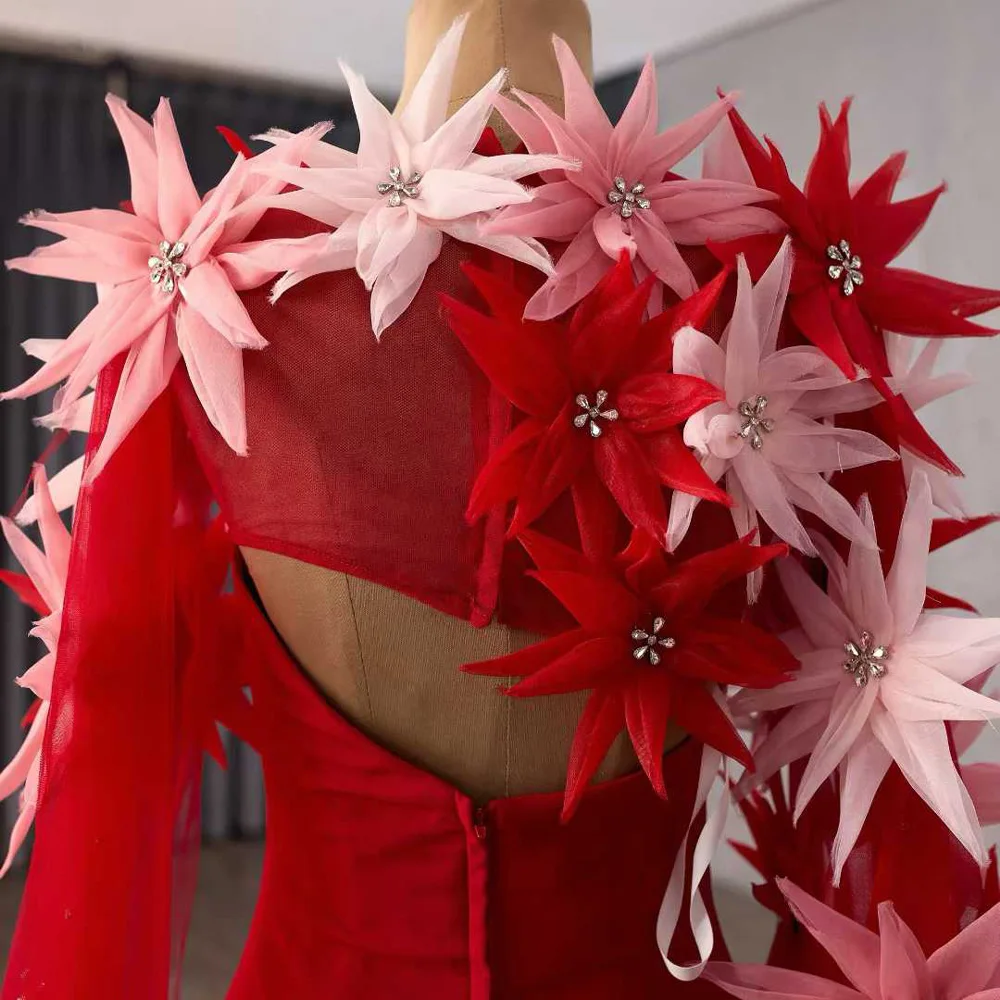 Robe de soirée rouge à col rond et fermeture éclair, avec détails de fleurs en cristal 3D, gaine personnalisable, robe de soirée élégante pour femmes