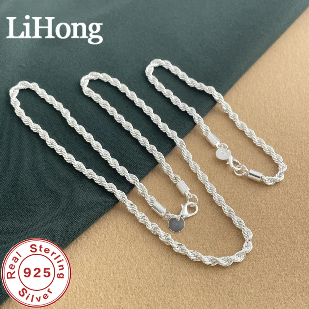 925 Sterling Silver Necklace And Bracelet Set, 4mm Twisted Rope Chain Suitable For Men And Women Party Jewelry