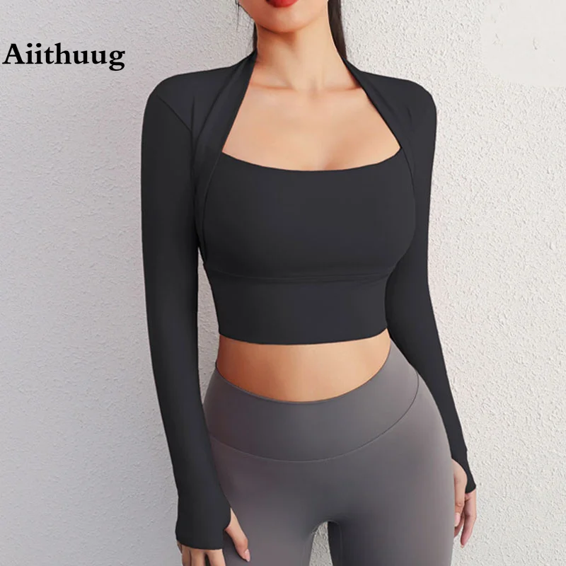 Aiithuug Right Angle Shoulder Yoga Tops Long Sleeve Gym Shirts Compress Sports Crop Top Workout Crops Padded Insert Pads Gym Top