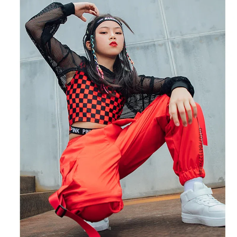 어린이 재즈 댄스 힙합 스트리트 댄스 세트 블랙 메쉬 탑 레드 바지 소녀 힙합 재즈 댄스 공연 의상