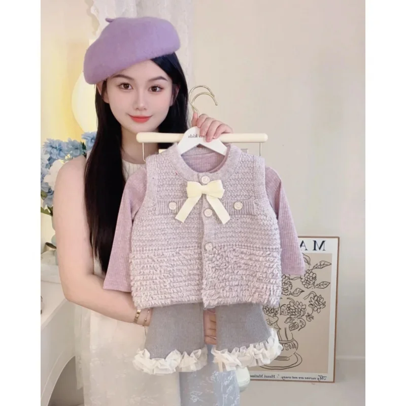 

Girls' Autumn Outfit New Style Baby Girl Fashionable Knitted Vest Leggings Casual Pants Three-Piece Set Trendy31125