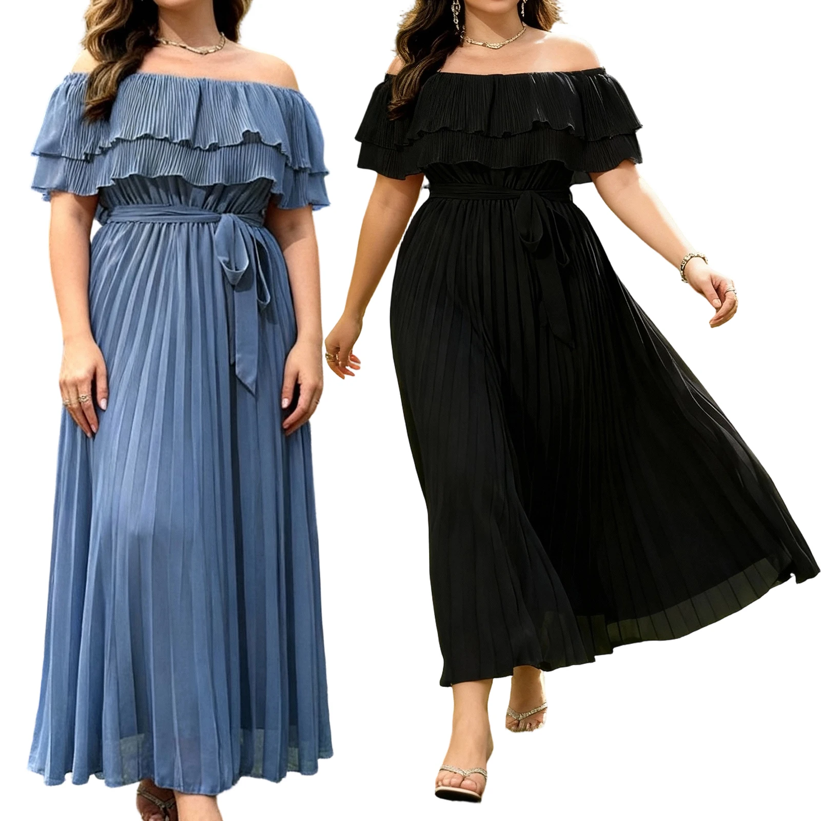 

2026 Fashion Women's Summer Plus Size Dress Sexy Ladies Short Sleeve Off Shoulder Solid Color Pleated Long Dresses with Belt New