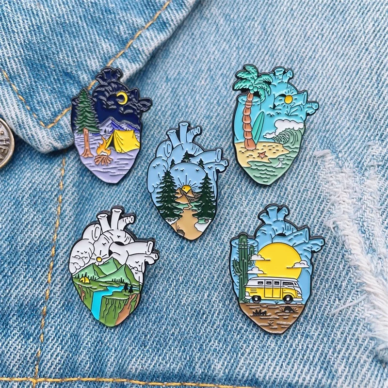 Creative Body Organ Heart Enamel Brooch Outdoor Scenery Sun Moon Bus River Peak Alloy Pins Badge Fashion Jewelry Gift For Kid