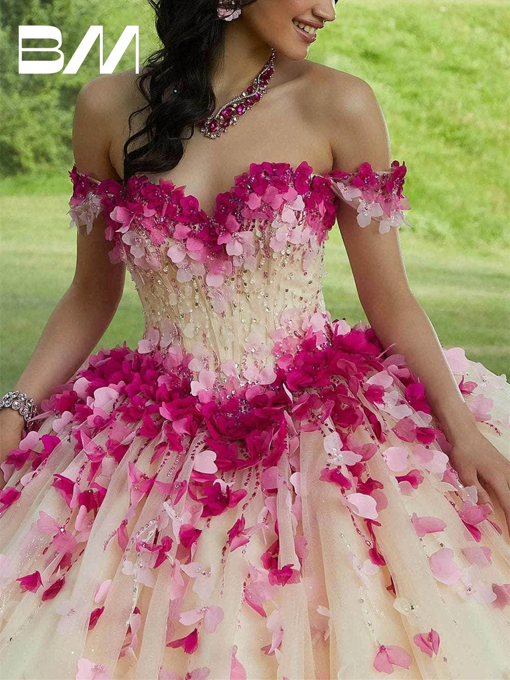 Blüten blätter geschmückt Quince anera Kleid süß 15 16 Ballkleid Ballkleider von der Schulter angepasst romantische formale Cocktail kleid