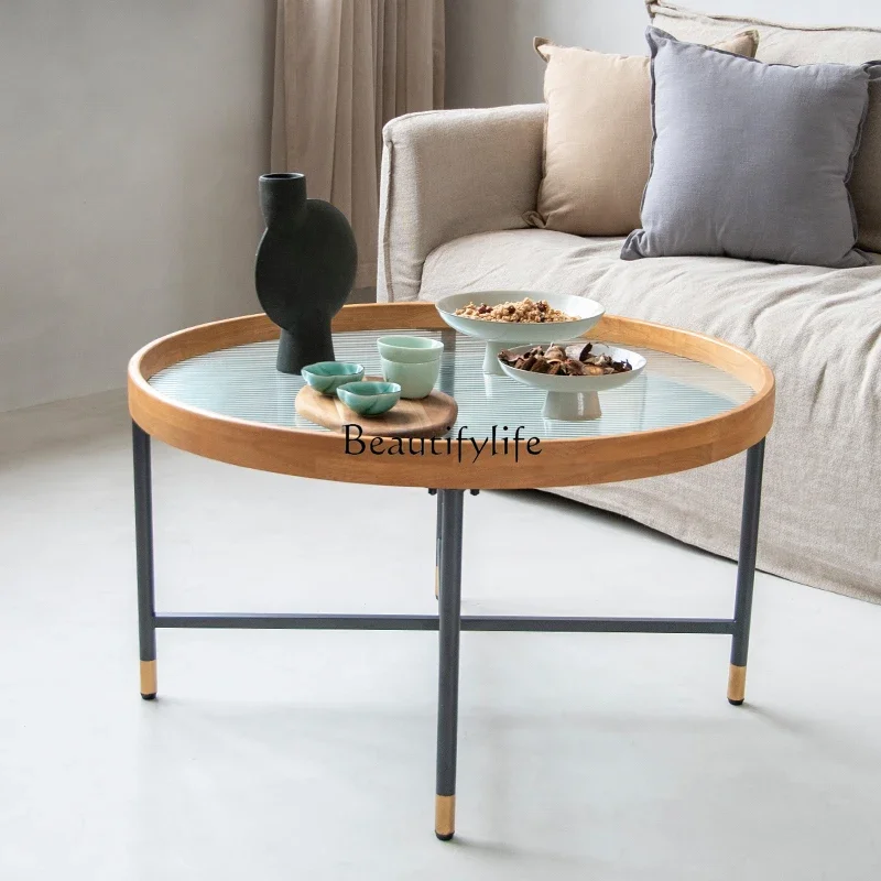 Japanese-style solid wood extremely simple round Changhong glass coffee table Nordic small apartment living room household table