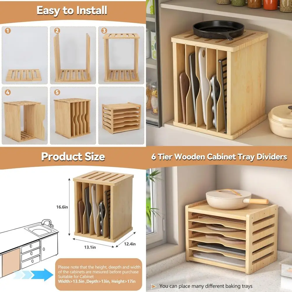 

Вертикальный органайзер для кухонного шкафа с 6-уровневыми деревянными перегородками для противня, сковородок и разделочных досок, 13,1 Ш x 16,6 В