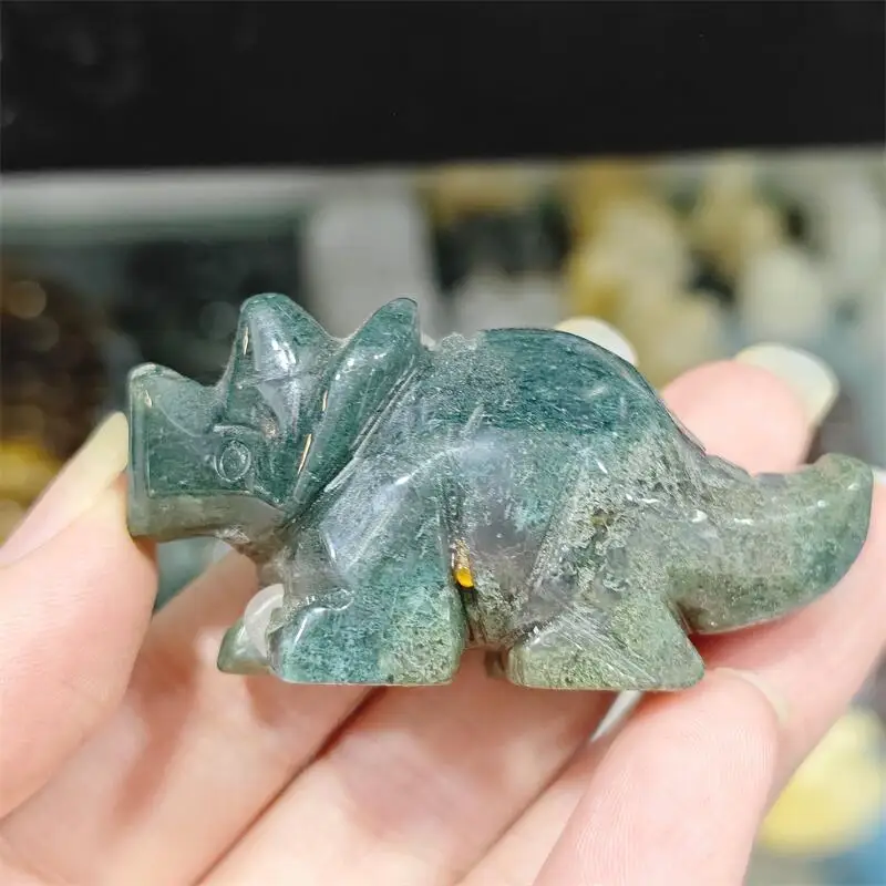 Natural Moss Agate Dinosaur Carving Polished Quartz Animal Healing Stones Gems For Home Decorations Gift 1PCS