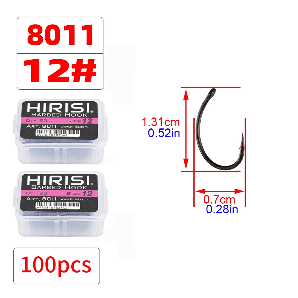 Hirisi 50/100 Stück PTFE-beschichtete Karpfenangelhaken aus Stahl mit Widerhaken in Box 8011 Angelzubehör