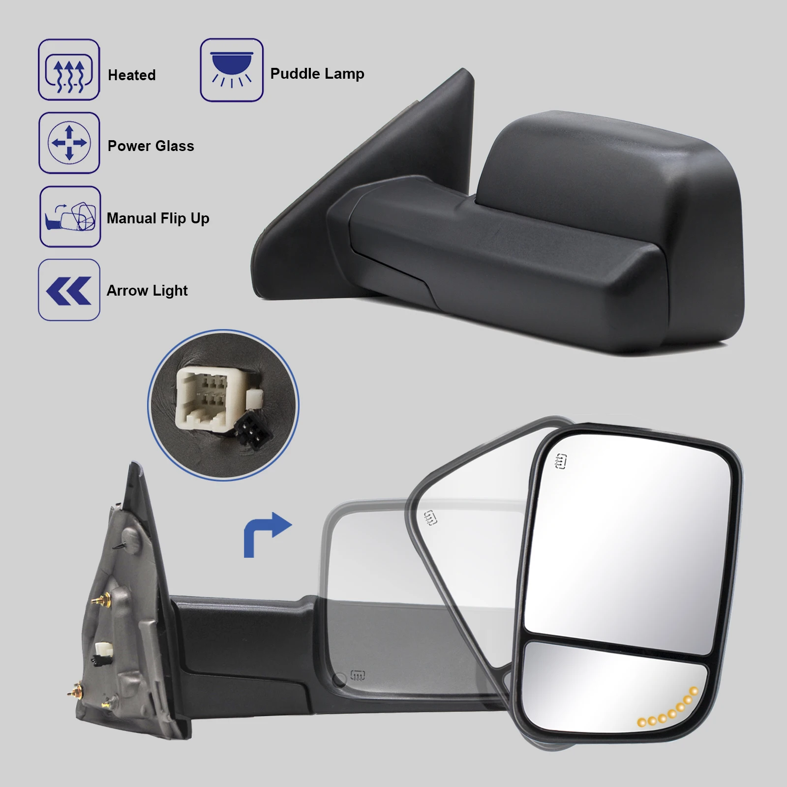 Towing Mirrors fit for 02-08 Dodge Ram 1500 03-09 Ram 2500 3500 Power Heated LED Arrow Signal Puddle Light Black BC09-TM