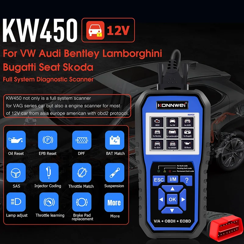 KONNWEI KW450 Car OBD2 Diagnostic Tool All Systems for VAG for VW for Audi ABS Airbag Oil ABS EPB DPF SRS TPMS Reset Scanner