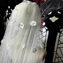 Pearls Wedding Veil with Flowers One Layer Bridal Veil with Metal Comb Beautiful Pearl Bride Veil Wedding Accessory