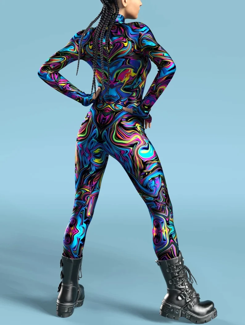 Mehrfarbiger Totenkopf-Print-Kostüm, Damen-Body mit Reißverschluss vorne, Halloween-Party, Karneval, Festival, Bühnenauftritt, Catsuit-Kostüm – Detail 3