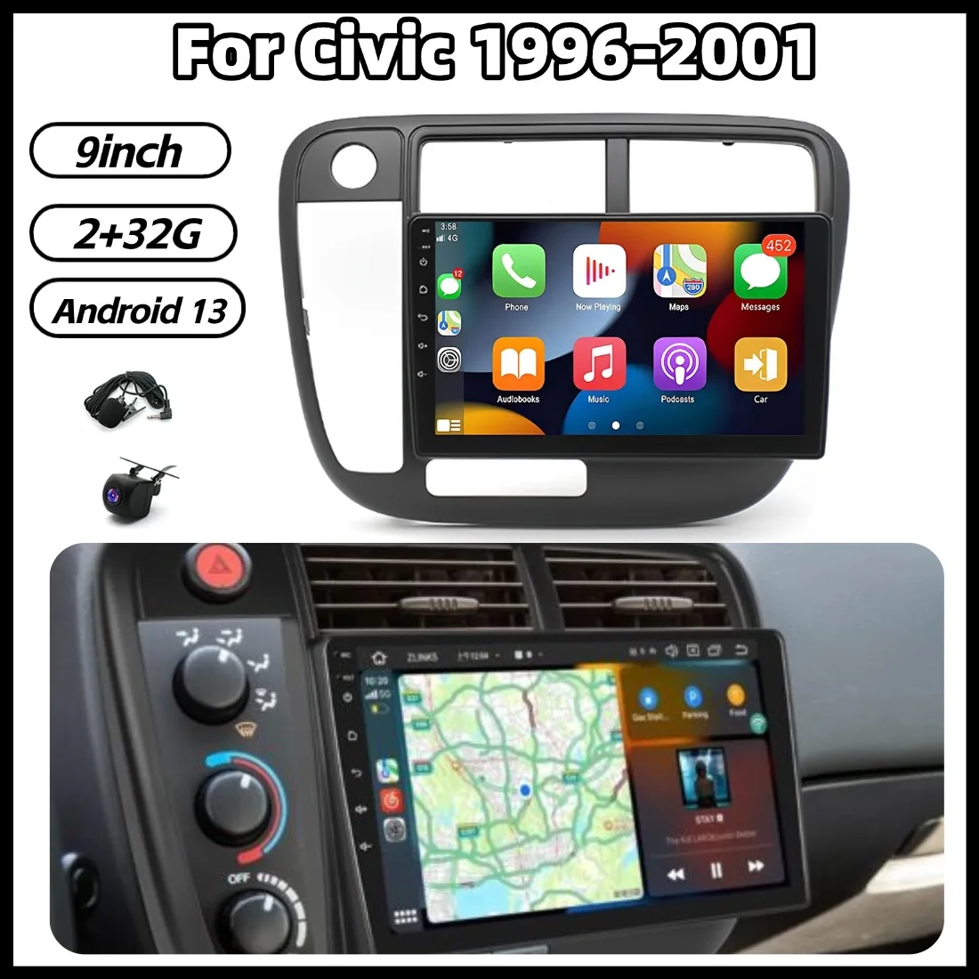 

9inch 2+32G Car Stereo For Civic 1996-2001 Android13 Screen With GPS WiFi Bluetooth SWC AHD Backup Camera Auto Accessories