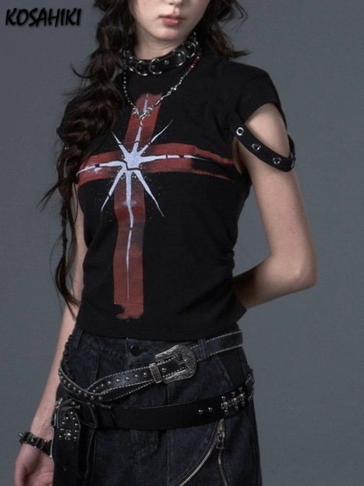 

Harajuku Cross ​Printing Casual Y2k Aesthetic Tops 2025 Summer Women Hip Hop Black Tshirts Streetwear Grunge Slim Fit T-shirt