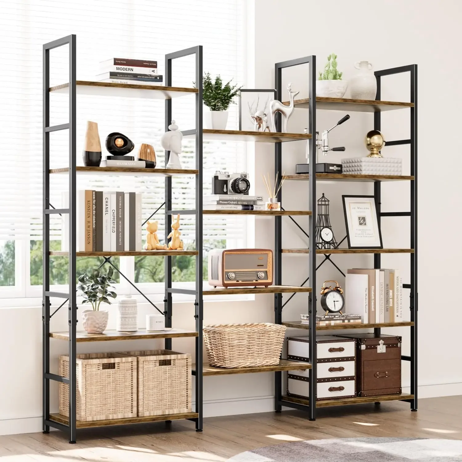 Triple Wide 5 Tier Bookshelf, Rustic Industrial Style Bookcases with 14 Open Display Shelves, Modern Tall Bookcase Furniture for