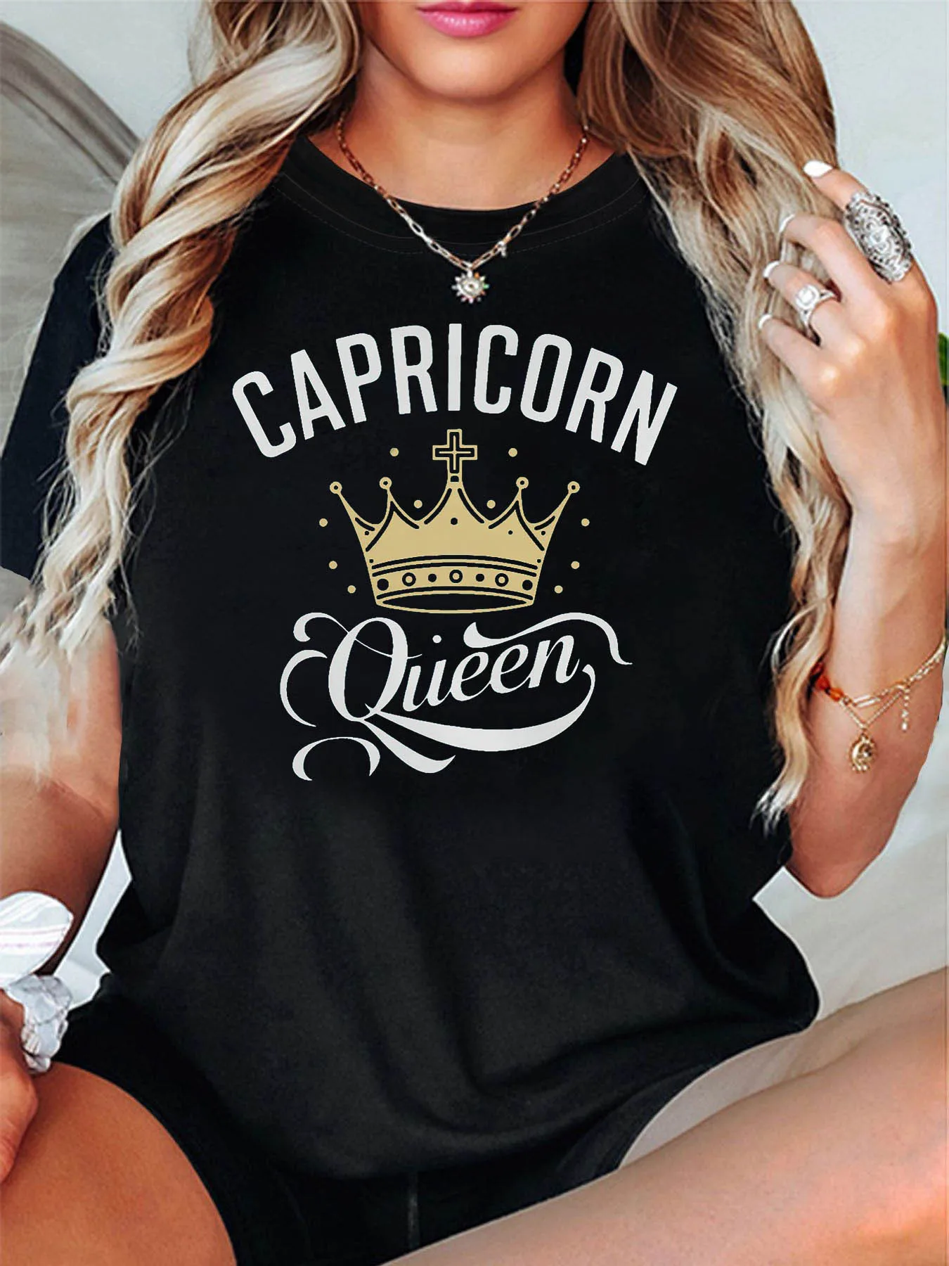 Women Capricorn Queen T Shirt Zodiac Crown Print Short Sleeve Top Bold Capricornian Style Blouse Daily Wear Themed Outfits