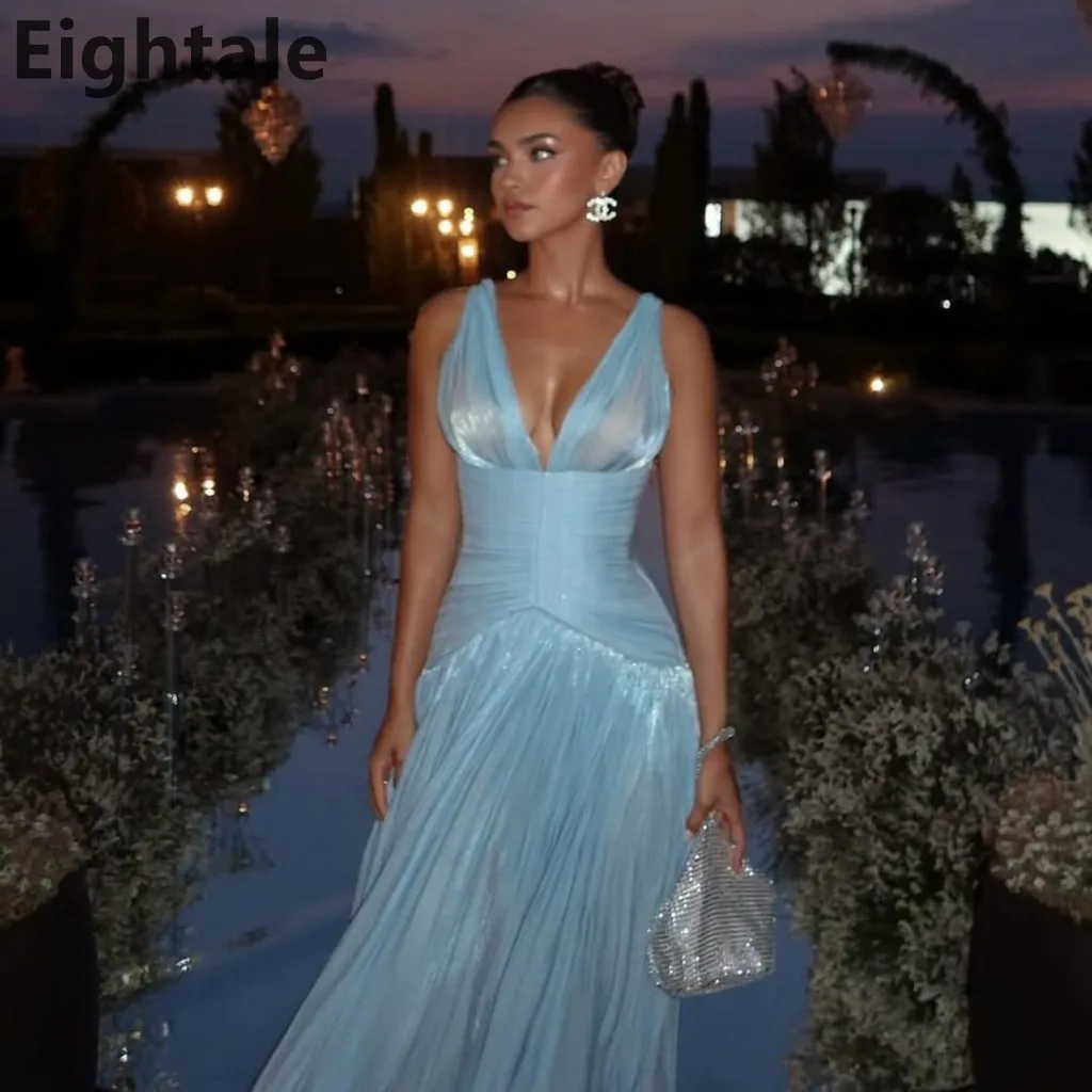 

Eightale 2025 Light Blue Sexy V Neck Pleats Evening Dress For Wedding Party Saudi Arabic Prom Dress Dubai Party Gown Customized