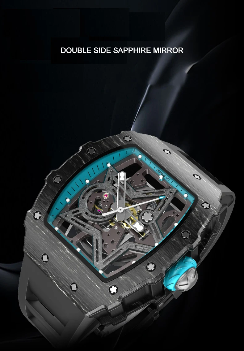 CRONUSART Men Automatic Watch Tonneau Carbon Fibre Case Mechanical Wristwatch Luminous Fluororubber Strap Skeleton Dial