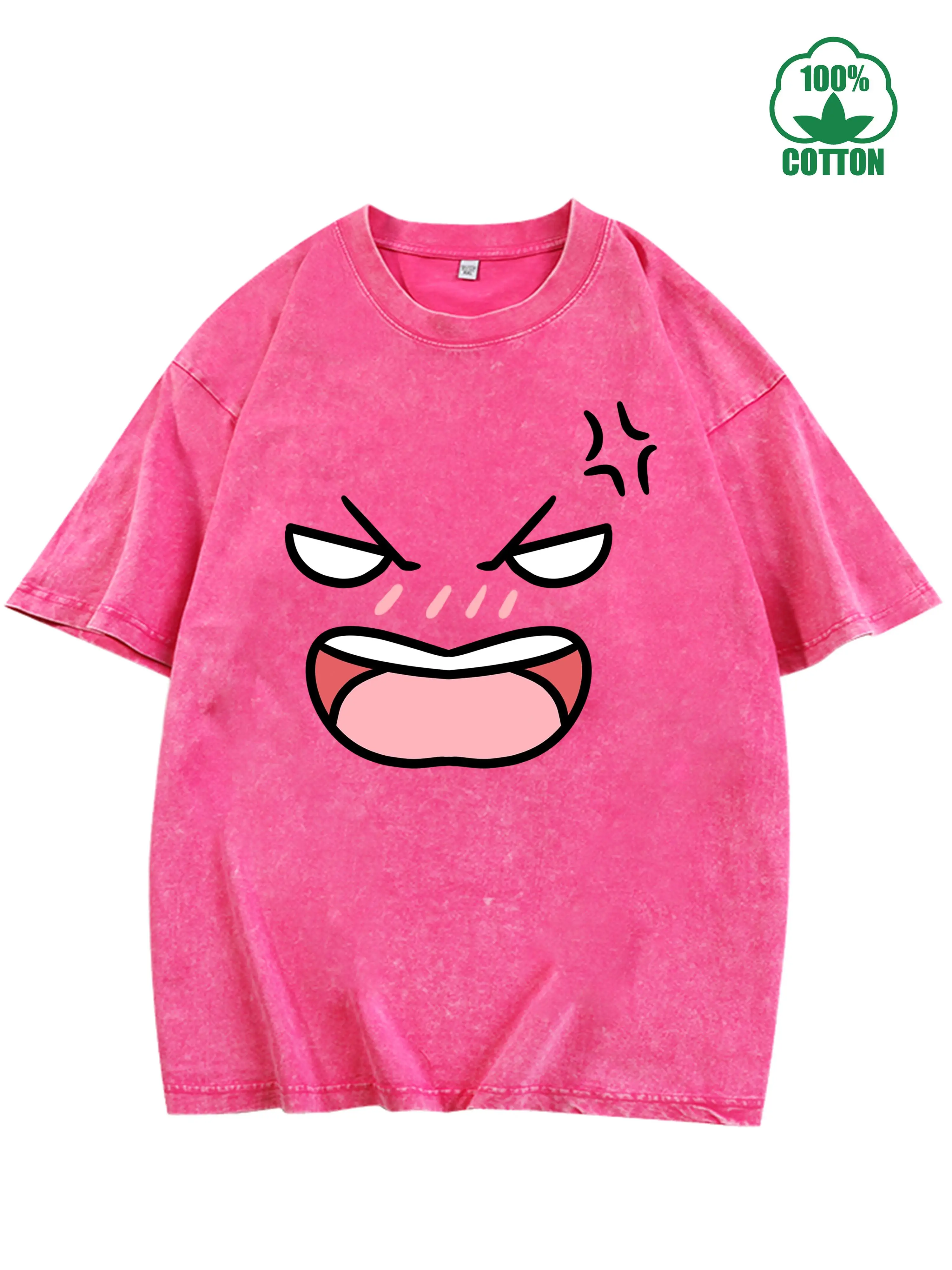 

Cute Angry Face Emoji 100% Cotton Vintage Washed T-Shirt 230g Comfortable Oversized Streetwear For