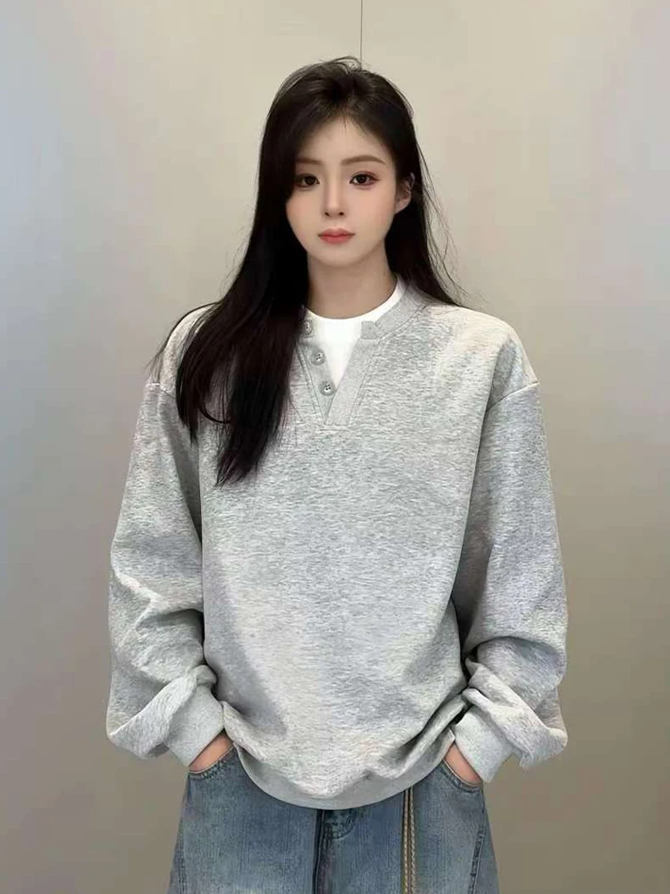 

Мужская зимняя толстовка в американском ретро-стиле с эффектом двухслойности, воротником хенли, длинным рукавом, плотная, как базовый слой