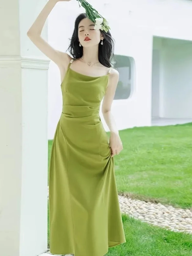 Damska Stylowa Zielona Sukienka w Linii A Vintage Elegancka Bez Rękawów Regulowane Ramiączka Letnia Celebrytka Wakacje Wysoki Stan Impreza Moda