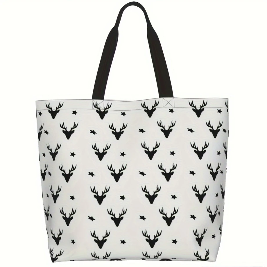 

Deer Print Fashion Tote Bag Women Zipper Large Shopping Bag Women Zipper Tote Bag Mesh Pocket Inside Durable Casual