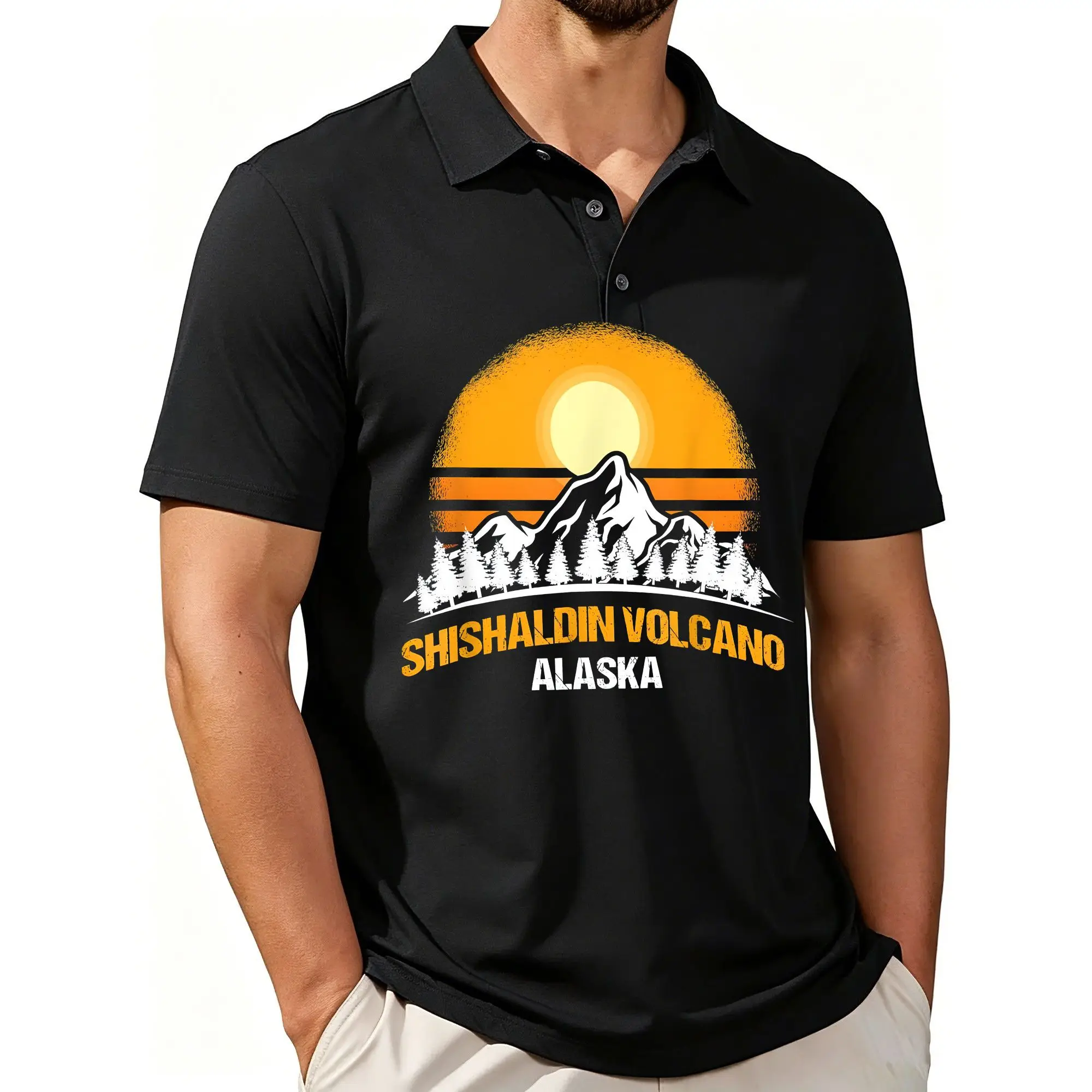Men's Printed Short-Sleeved Polo Shirt with Hishalding Volcano Pattern, Stylish and Casual Fit, Breathable Fabric, Suitable for All Seasons.