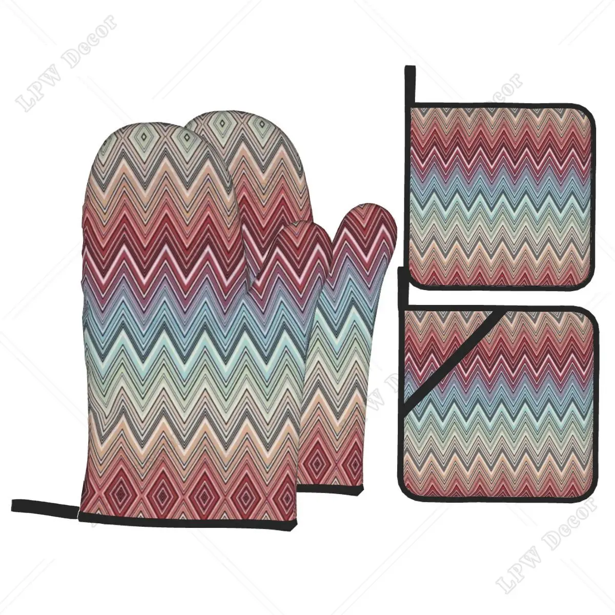 Zigzag Oven Mitts and Pot Holders Sets of 4 for Baking Cooking Non-Slip Heat Resistant  Zig Zag Kitchen BBQ Gloves Potholders