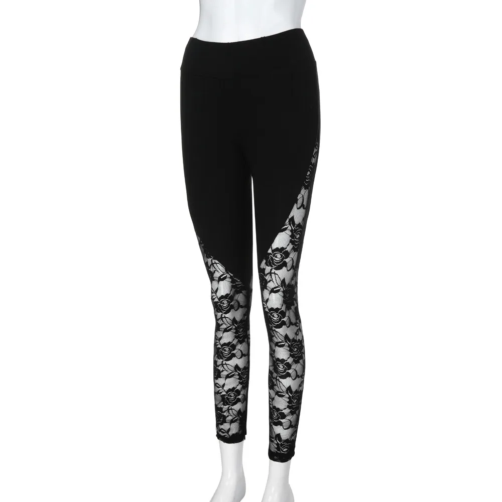 Pantalones de cintura alta con encaje Floral para mujer, Leggings negros recortados con Panel lateral, ropa Sexy adelgazante de Color sólido, 2024