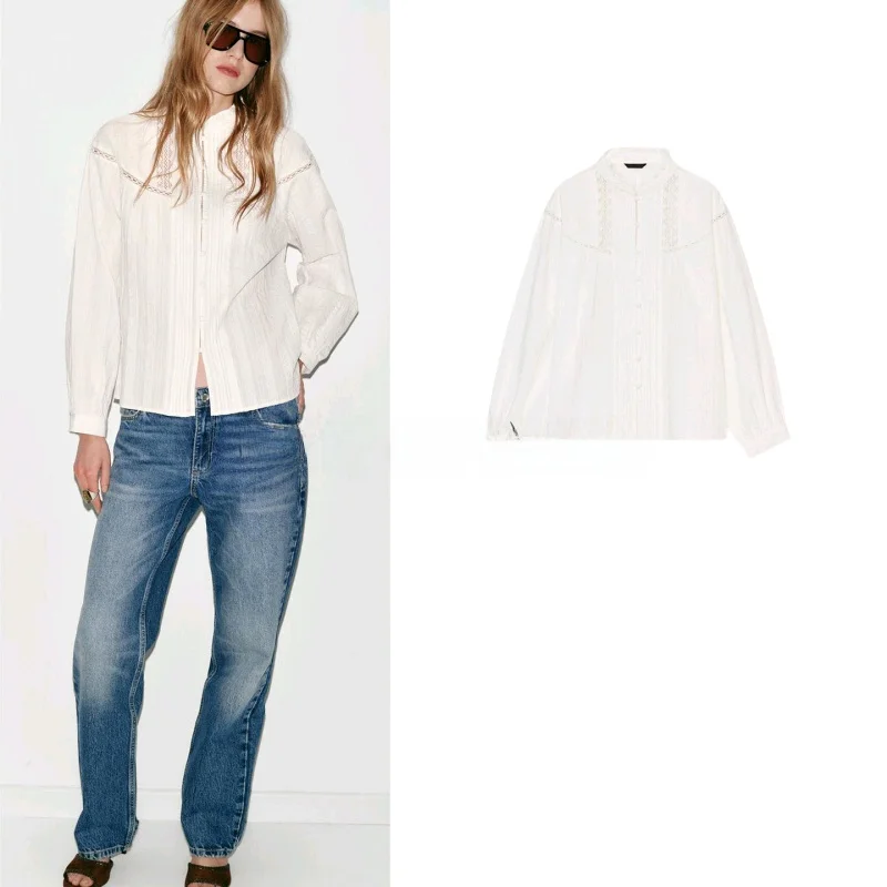 

Romantic Style Women's Long Sleeve round Neck Shirt Spring New Arrival Lace Splicing Decorative Fashion Fit Skin-friendly Bre...