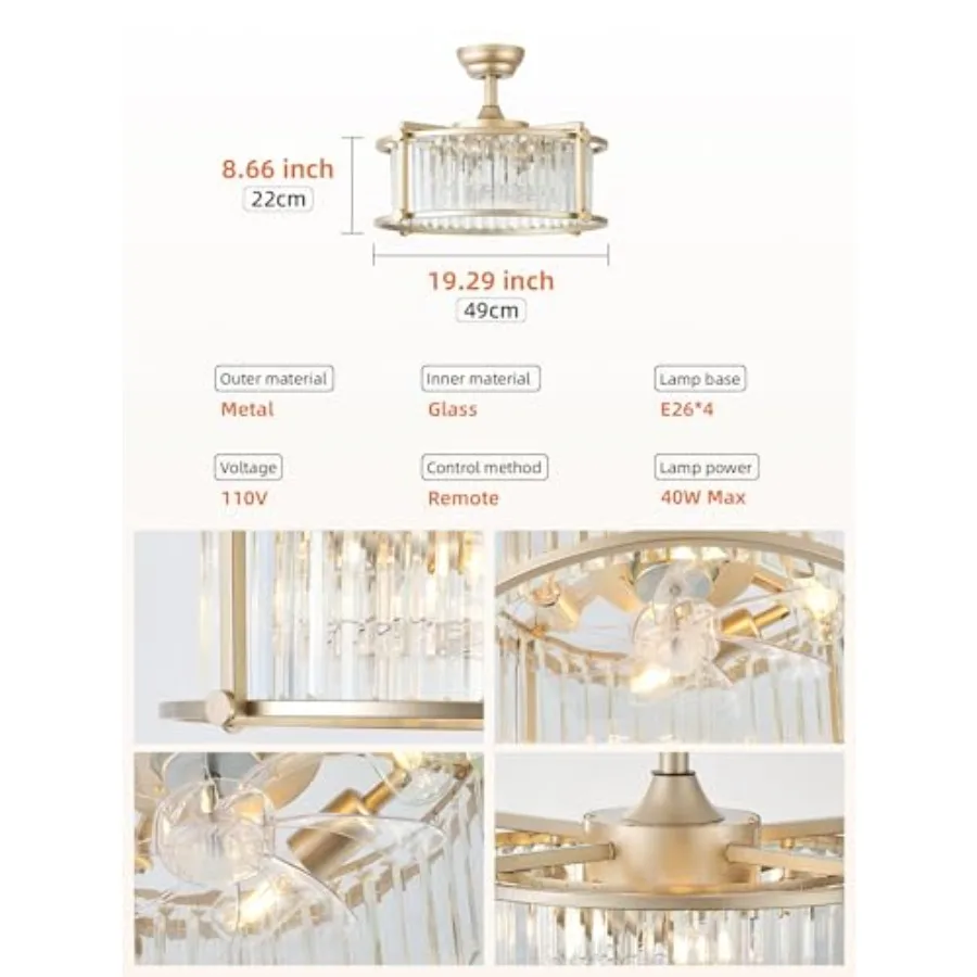 20 Gold Crystal Fandelier Ceiling Fan with Light and Remote, Industrial Caged Design, 6 Speeds, for Bedroom Nursery Living Room