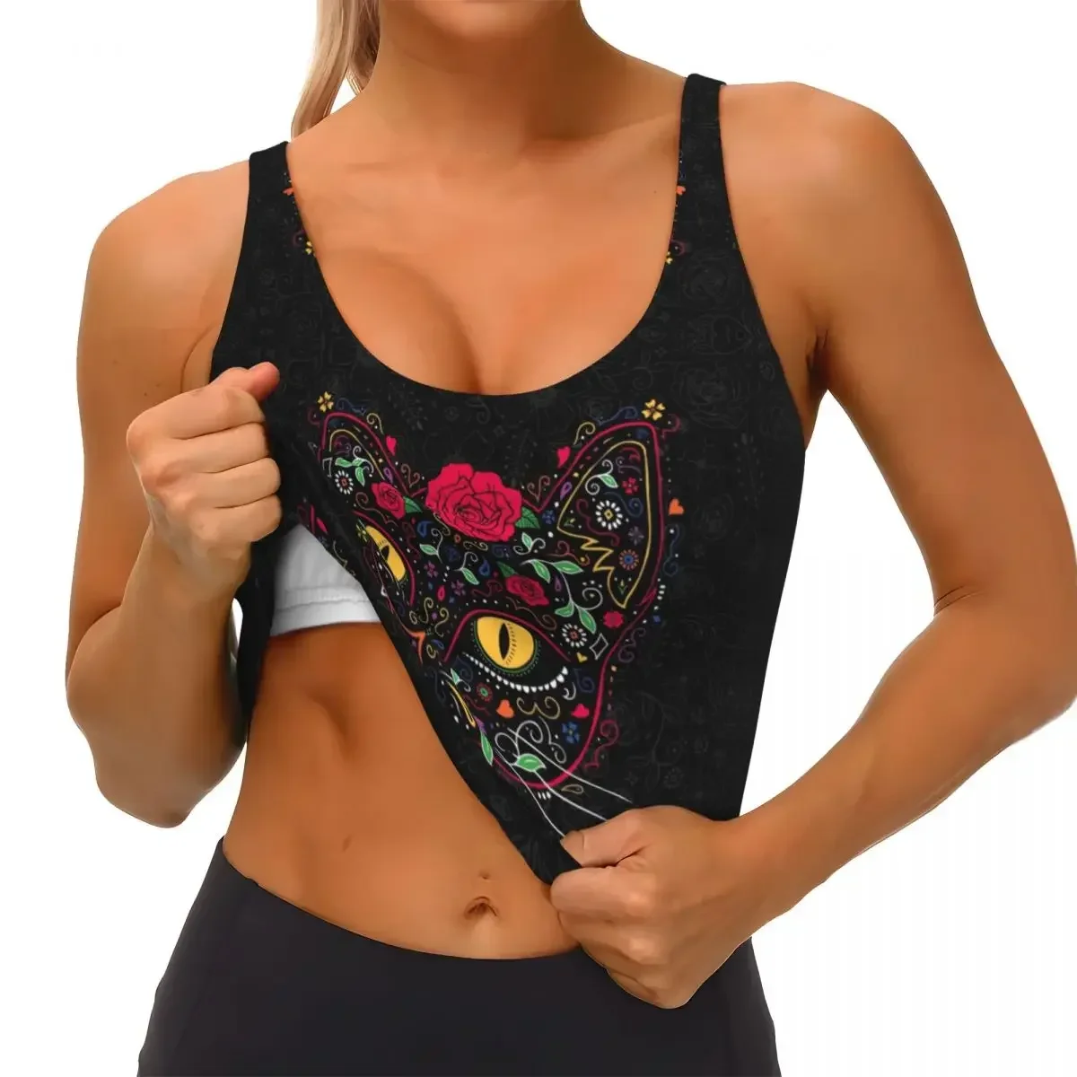 Camisetas sin mangas cortas personalizadas para mujer, camisetas sin mangas con calavera de azúcar y gato gatito, Día de los muertos, sujetadores deportivos de Yoga florales mexicanos para Halloween