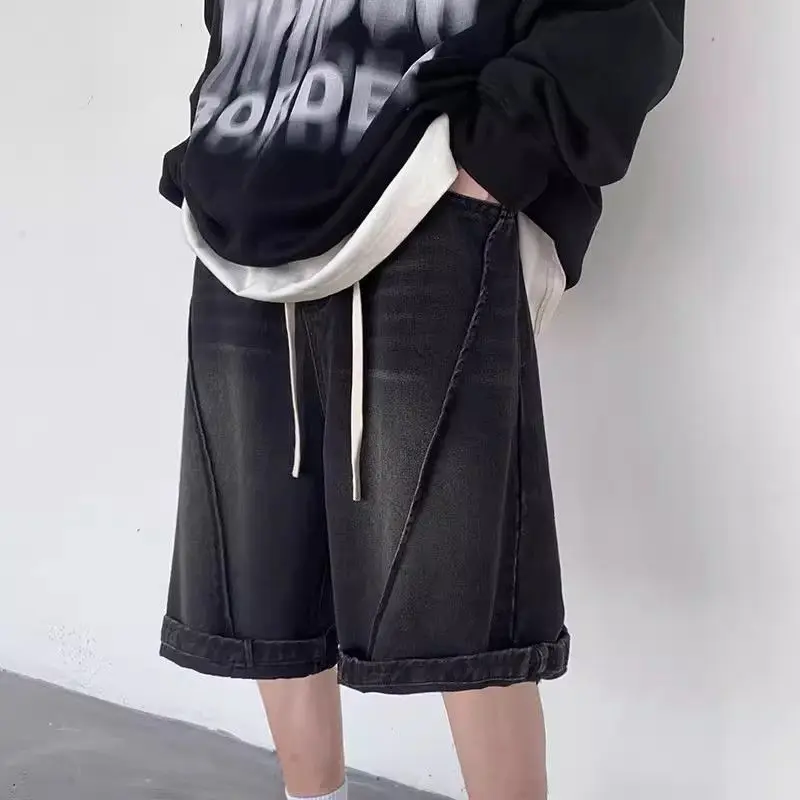Men's Vintage Denim Shorts Summer Loose Fit 5 Inch Inseam Streetwear Hip Hop Elastic Waist Jean Shorts Casual Above Knee Pants