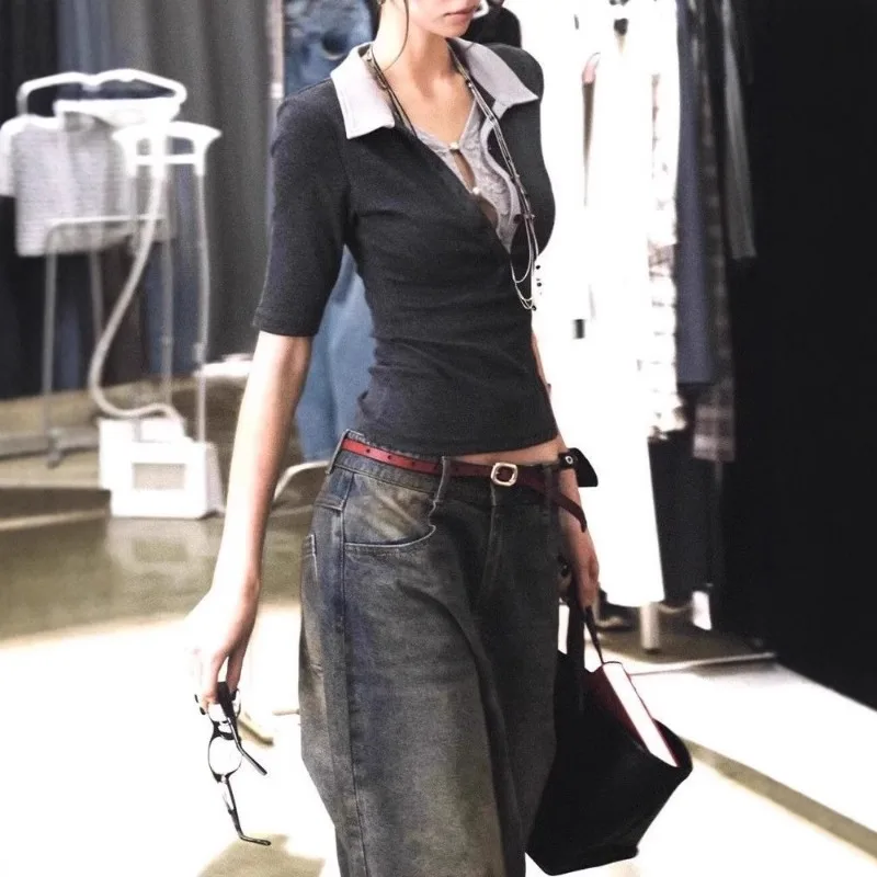 

2025 New Style Chic Sweet and Spicy Outfit, Faux Two-piece Gray Polo Collar Lace - Spliced Short - Sleeve T - Shirt for Women