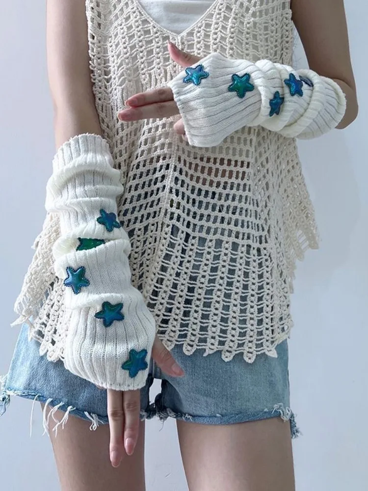 Contrast Color Star Arm Warmer Women Gloves Stylish Hand Y2k Aesthetic Crochet Knitting Japanese Ripped Punk Gothic Fingerless