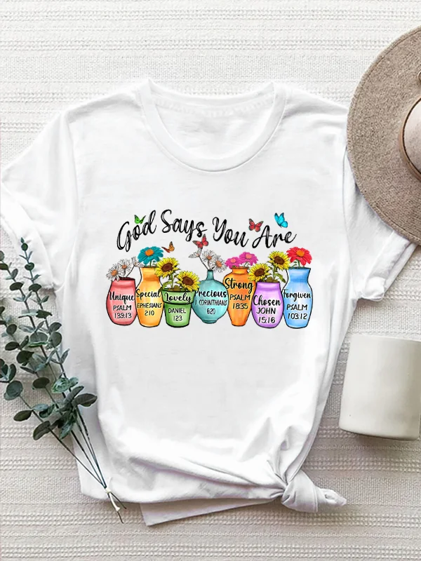 Cute Cartoon Retro Potted Print Female Shirt God Says You Are Print Women T-shirt New Popular Holiday Casual Comfort Girl Tee