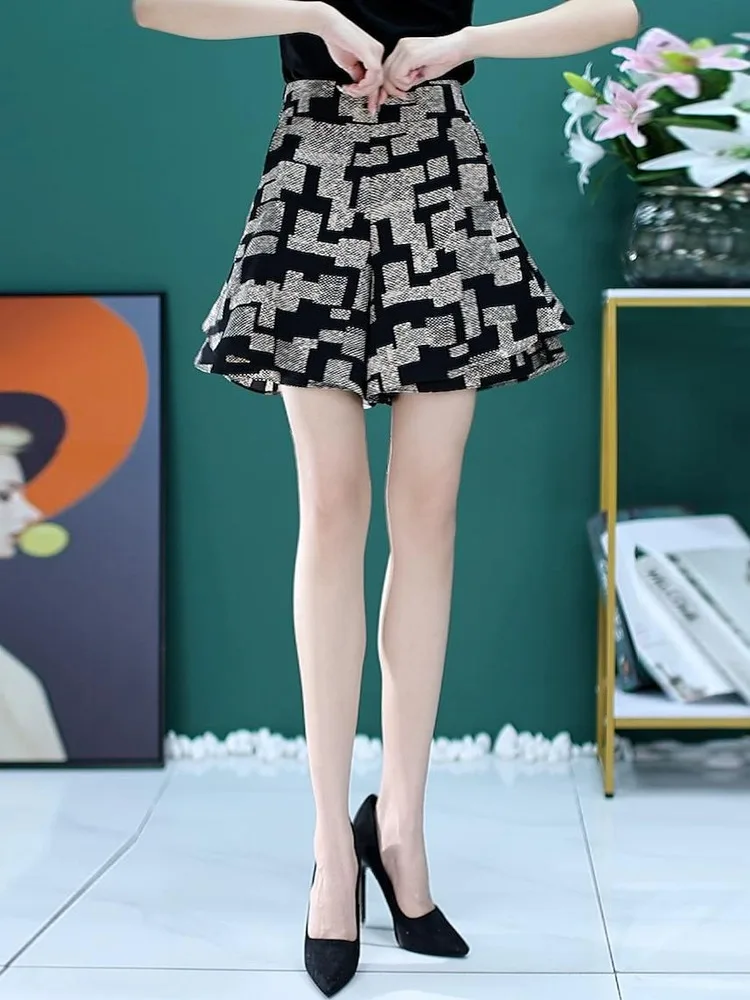 

Ice Silk Half Skirt Women's High Waist A-Line Short Skirt Summer Thin Chiffon Pants Skirt Plaid Wide Leg Short Pants